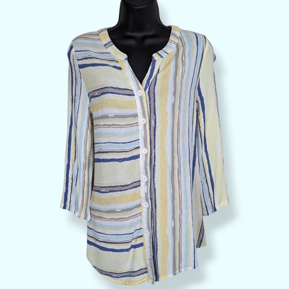 Variations Blue & Yellow Striped 3/4 Sleeve Shirt
